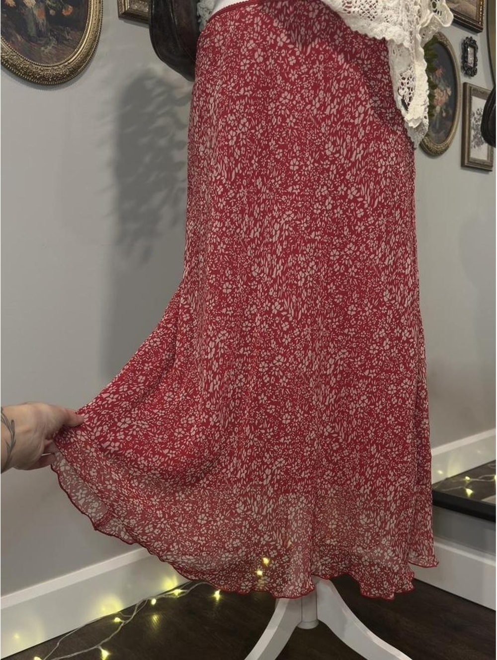 Red floral midi skirt with a soft flowy fit and stretchy waistband